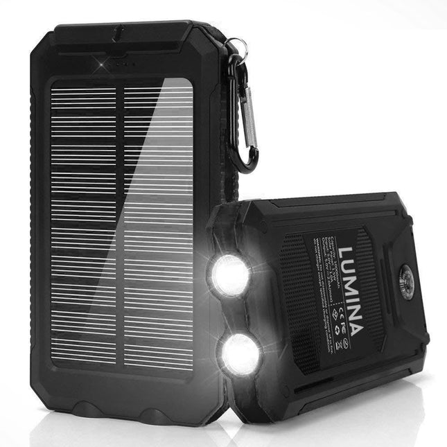 13000mAh Solar Powered Power Bank - Dual USB Output & Flashlight - Black