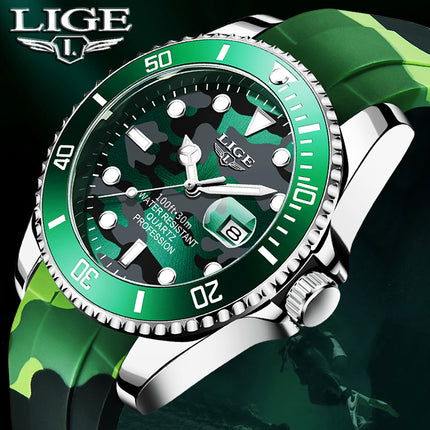 LIGE Men's Quartz Watch 30M Waterproof Watch Silicone Camo Strap - Green