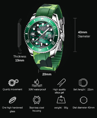 LIGE Men's Quartz Watch 30M Waterproof Watch Silicone Camo Strap - Green