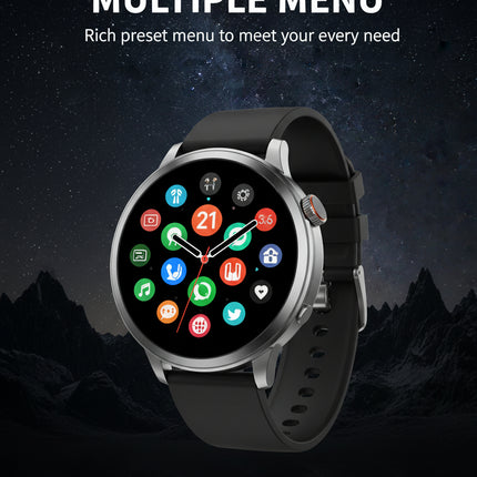 Smartwatch with a black strap on a dark background, displaying various menu options.