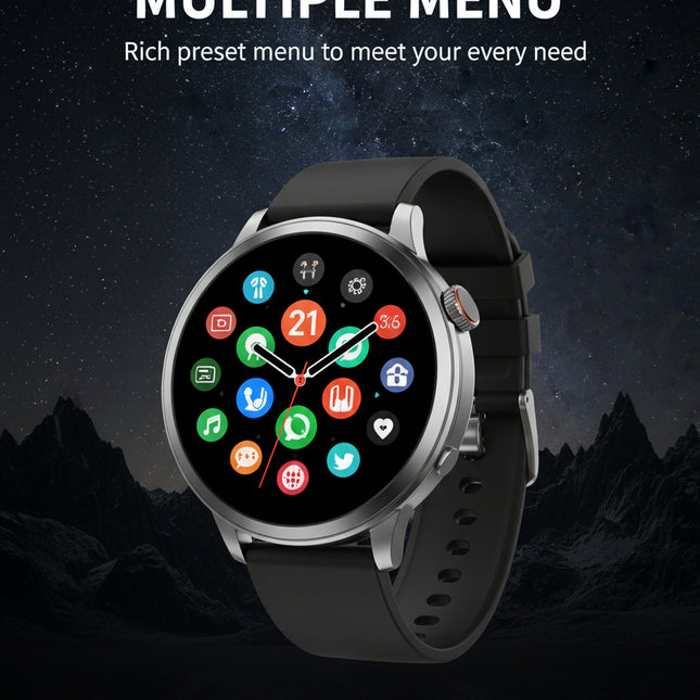 Smartwatch with a black strap on a dark background, displaying various menu options.