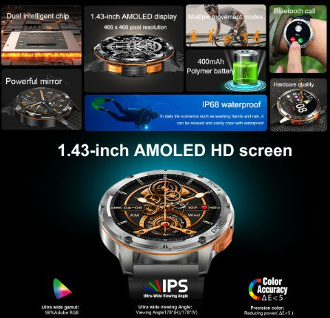 AK59 Smart Watch HD AMLOED Screen w/ health monitoring - Gold/Orange Strap