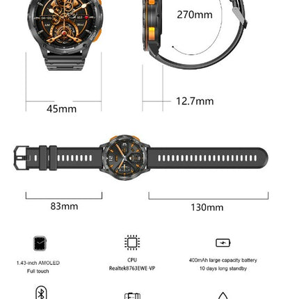 AK59 Smart Watch HD AMLOED Screen w/ health monitoring - Silver Steel Strap