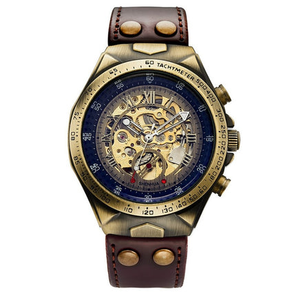 S075 Antique Fully Automatic Mechanical Watch - Brown Strap