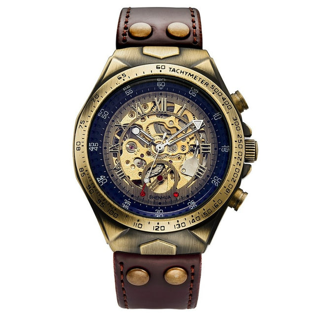 S075 Antique Fully Automatic Mechanical Watch - Brown Strap