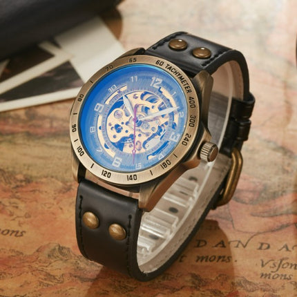 S076 Antique Fully Automatic Mechanical Watch - Black Strap