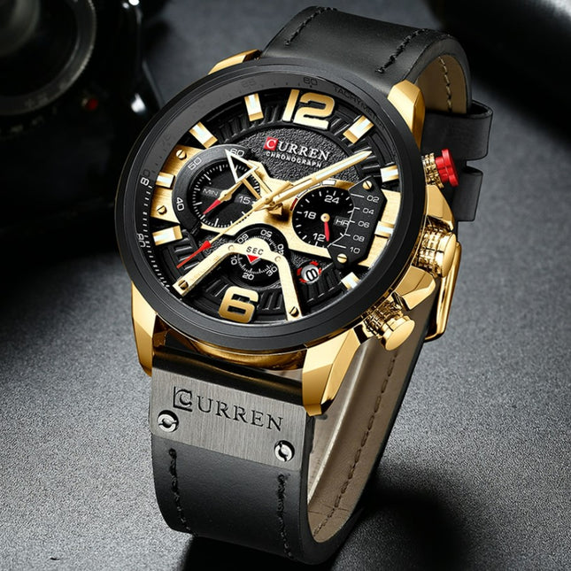 CURREN Casual Sport Watches Chronograph Wristwatch for Men - Gold Black