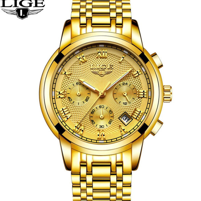 Men's Watch LIGE Multi-Function Three-Eye Corrugated Watch - Gold
