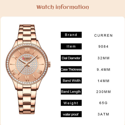 CURREN Ladies Watch Fashion Steel Band Watch - Rose Red