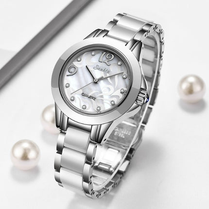 SUNKTA Explosive Ceramic Ladies Watch - Silver White