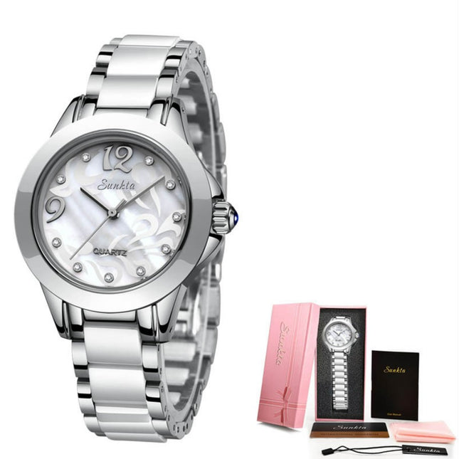 SUNKTA Explosive Ceramic Ladies Watch - Silver White