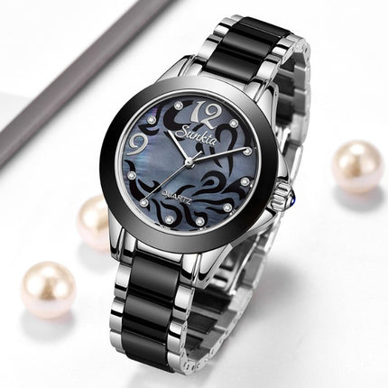 SUNKTA Explosive Ceramic Ladies Watch - Silver Black