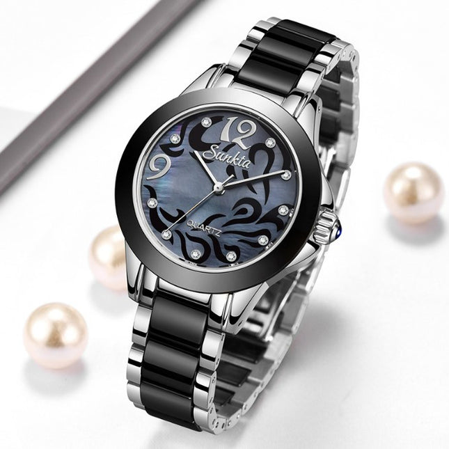SUNKTA Explosive Ceramic Ladies Watch - Silver Black