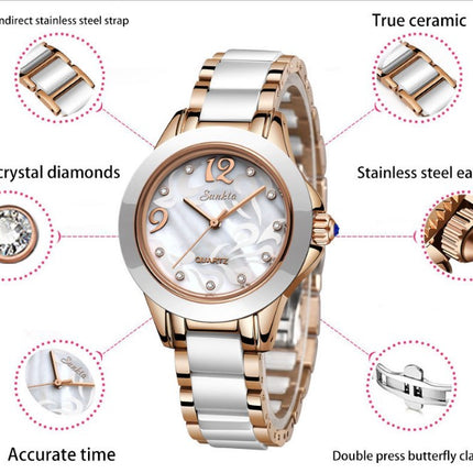 SUNKTA Explosive Ceramic Ladies Watch - Rose Gold White