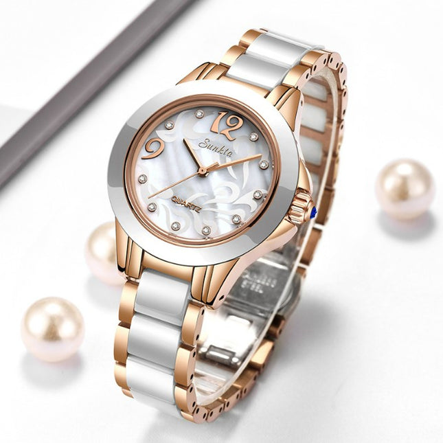 SUNKTA Explosive Ceramic Ladies Watch - Rose Gold White