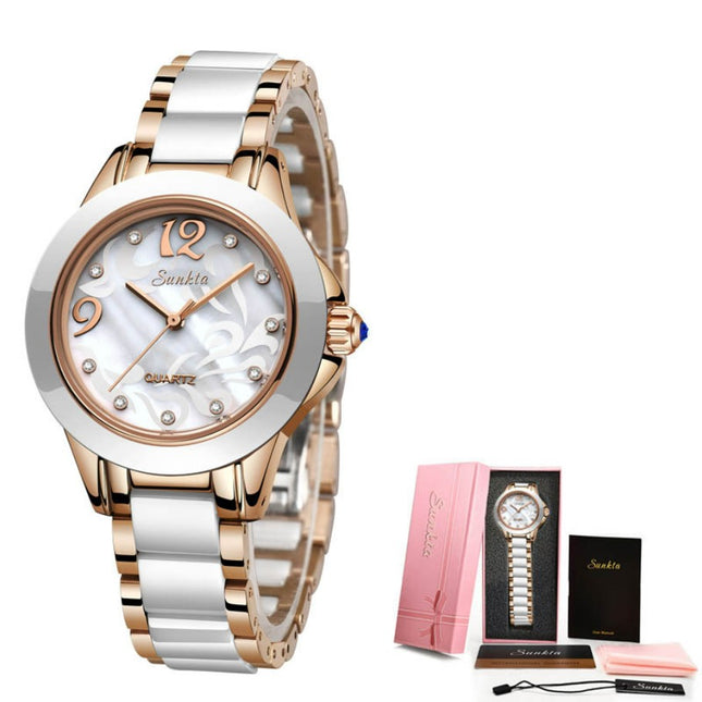 SUNKTA Explosive Ceramic Ladies Watch - Rose Gold White
