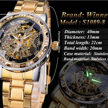 Winner Golden Watches Classic Rhinestone Clock - Golden