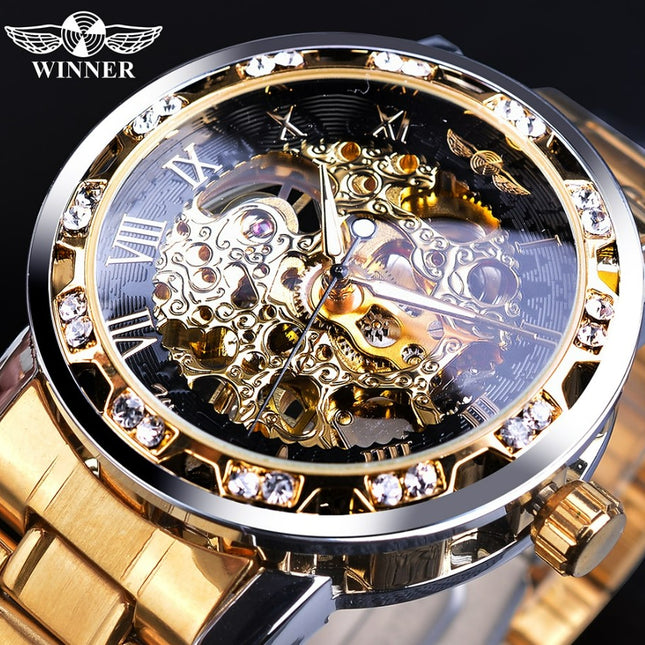 Winner Golden Watches Classic Rhinestone Clock - Golden
