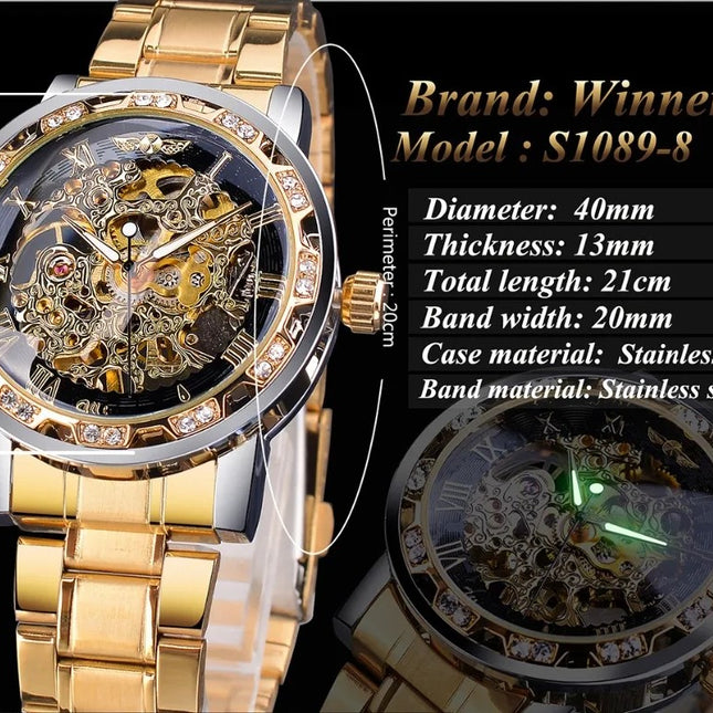 Winner Golden Watches Classic Rhinestone Clock - Black