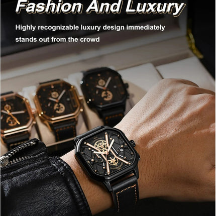 POEDAGAR Luxury Wristwatches Chronograph Leather Quartz Men's Watches - Black Gold