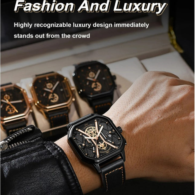 POEDAGAR Luxury Wristwatches Chronograph Leather Quartz Men's Watches - Black Silver