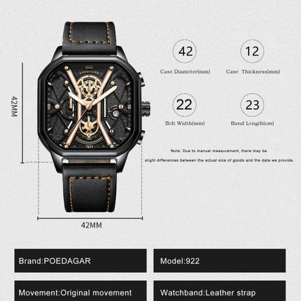 POEDAGAR Luxury Wristwatches Chronograph Leather Quartz Men's Watches - Silver Black