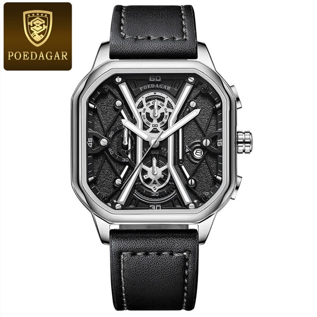 POEDAGAR Luxury Wristwatches Chronograph Leather Quartz Men's Watches - Silver Black