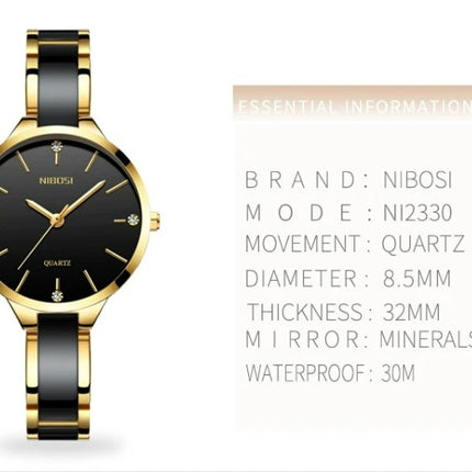 NIBOSI Luxury Ceramic Ladies Bracelet Watches - Gold Black