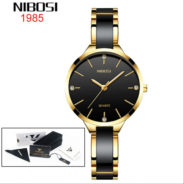 NIBOSI Luxury Ceramic Ladies Bracelet Watches - Gold Black
