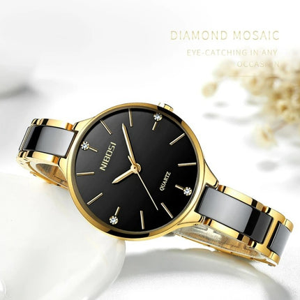 NIBOSI Luxury Ceramic Ladies Bracelet Watches - Gold Black