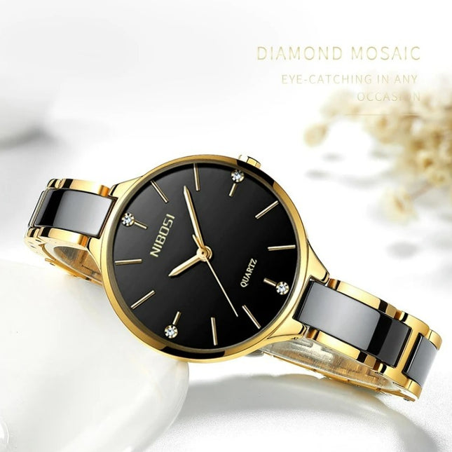 NIBOSI Luxury Ceramic Ladies Bracelet Watches - Gold Black