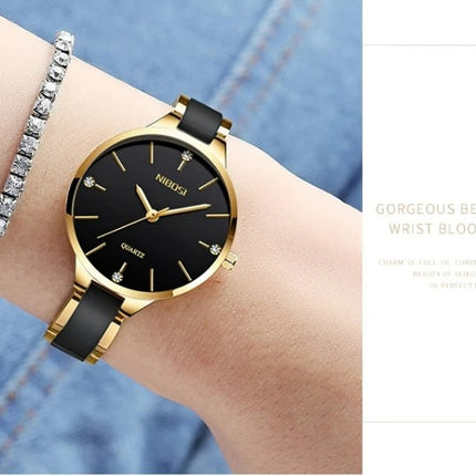 NIBOSI Luxury Ceramic Ladies Bracelet Watches - Gold Black