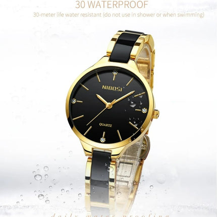NIBOSI Luxury Ceramic Ladies Bracelet Watches - Gold Black