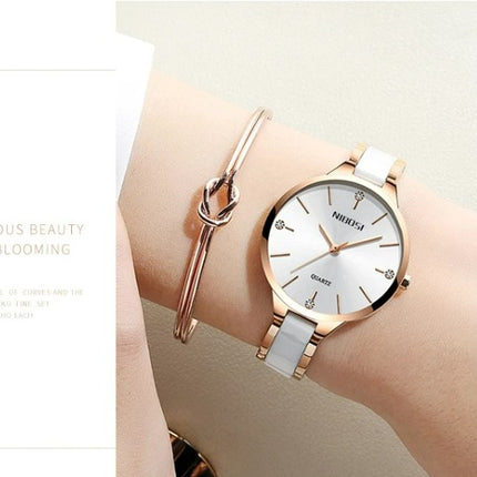 NIBOSI Luxury Ceramic Ladies Bracelet Watches - Rose White
