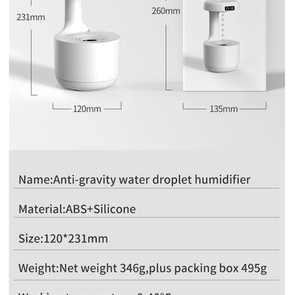 Water Drop Backflow Anti gravity Humidifier LED Time Display