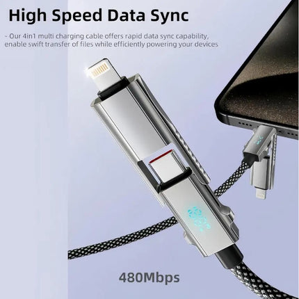 4 in 1 LED Display Multi Charger Cable - Dual USB C/USB A/Lightning Fast Charging Cable - 65W