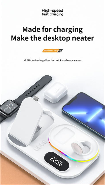 3in1 30W Wireless Charger with Clock, Fast Charging RGB Atmosphere Light - White