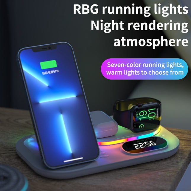 3in1 30W Wireless Charger with Clock, Fast Charging RGB Atmosphere Light - Black